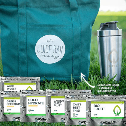 Purium Juice Bar in a Bag (Aloe Digest, Green Spectrum Lemon, Coco Hydrate, Carrot Juice, Can’t Beat This, and Bio Fruit) Juice Powder 8 Product Package