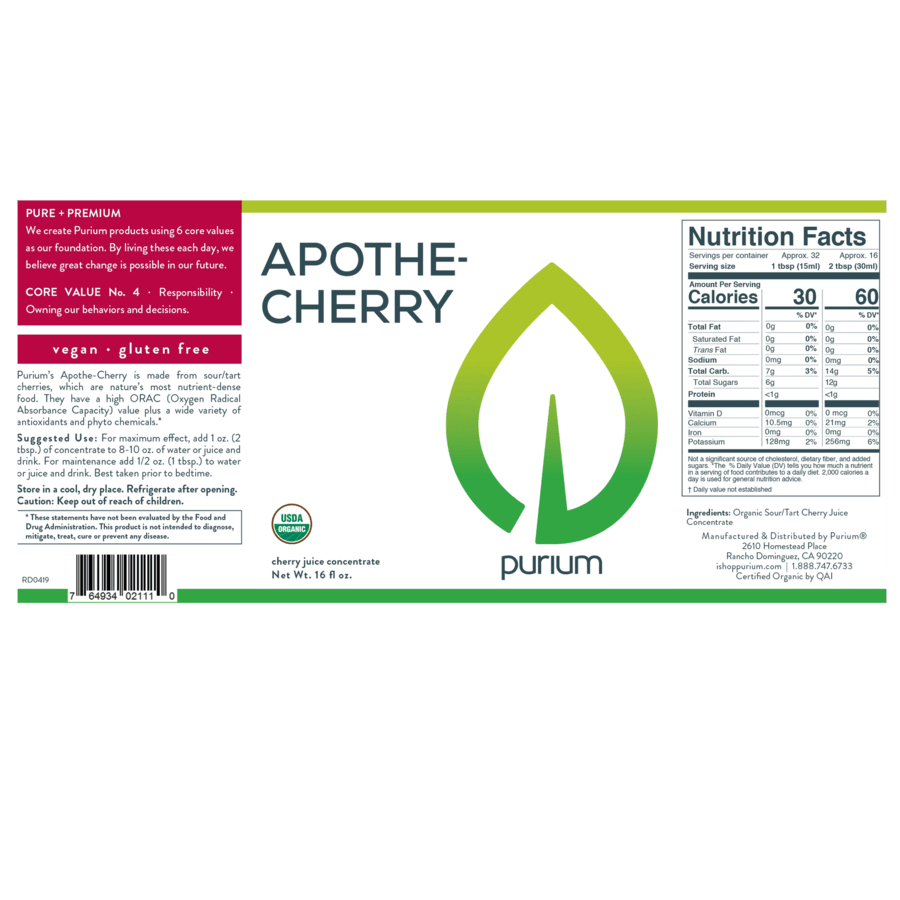Purium Apothe Cherry Concentrated Organic Sour/Tart Cherry Juice Antioxidant, Circadian Rhythm Balance, and Uric Acid Metabolism (16 fl oz)