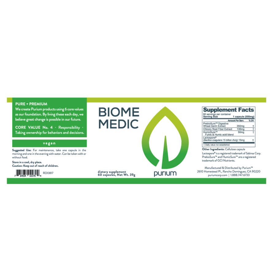 Purium Biome Medic (PrebioSure Digestive Wheat Germ Extract, Chicory Root Fiber, Fulvic & Humic Acid Blend) Gut Health Digestion Support  (60 Count)