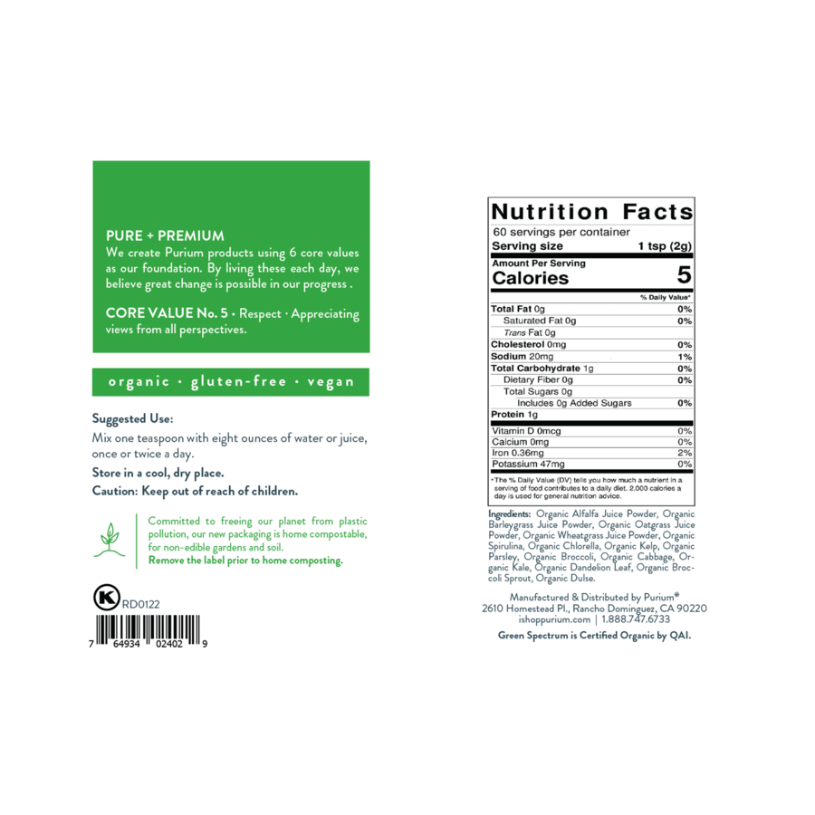 Purium Green Spectrum Lemon (Organic Alfalfa Juice Powder, Organic Barleygrass Juice Powder, Organic Oatgrass Juice Powder, Organic Wheatgrass Juice Powder, Organic Spirulina, Organic Chlorella, Organic Kelp and More) Immune and pH Balance (120g)
