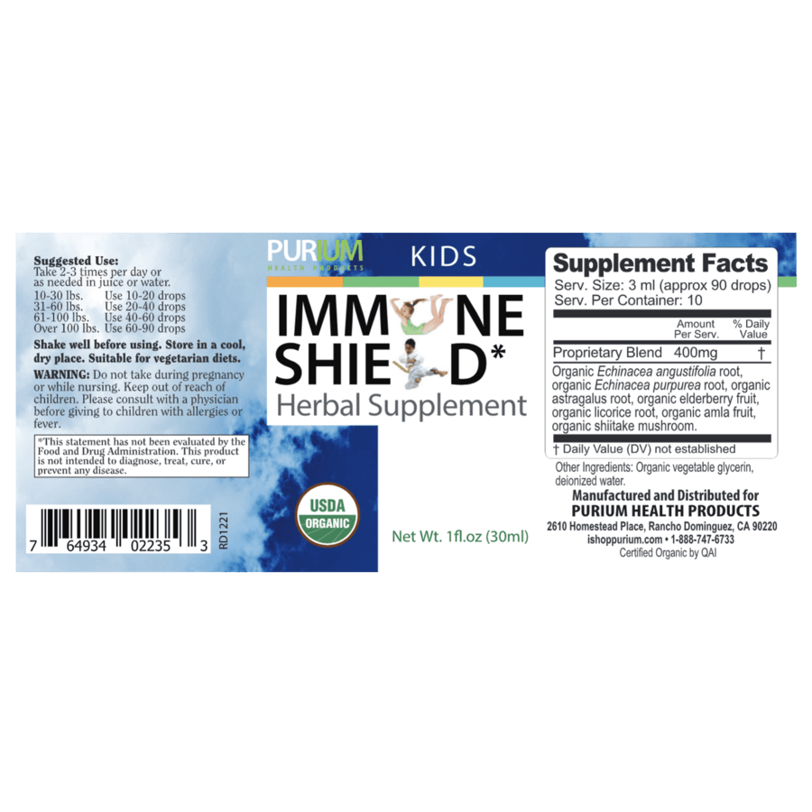 Purium Kids Immune Shield Super Herb Formula (Ages 2+) (Organic Echinacea Root, Organic Elderberry Fruit, Organic Licorice Root) Immune  Alcohol Free Tincture 1fl oz (30mL)