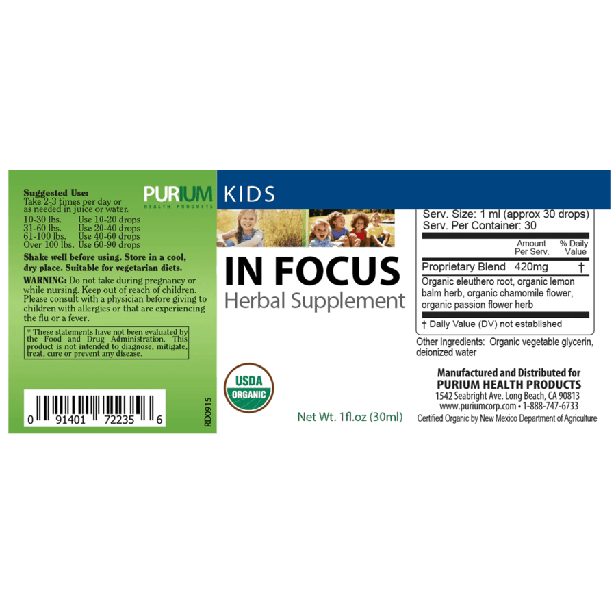 Purium Kids In Focus Herbal Blend (Organic Eleuthero Root, Organic Lemon Balm Herb, Organic Chamomile Flower, Organic Passion Flower Herb) Nootropic for Focus 1fl oz (30mL)