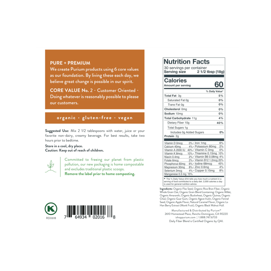 Purium Daily Fiber Organic Caramel Apple or Original (Organic Flax Seed, Organic Rice Bran Fiber, Organic Whole Grain Oat Flour, Organic Grain Blend Organic Millet, Organic Amaranth, Organic Buckwheat, Organic Quinoa) Digestion Terra Pouch (540g)