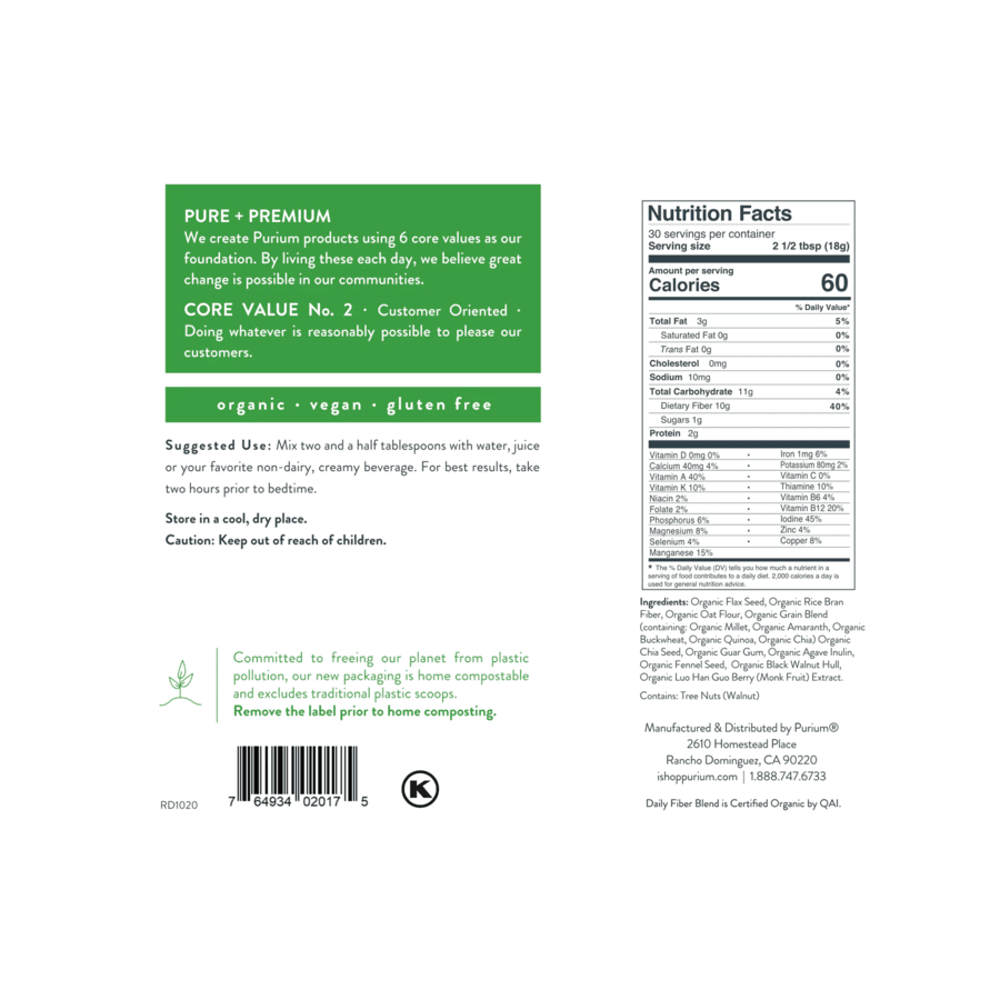 Purium Daily Fiber Organic Caramel Apple or Original (Organic Flax Seed, Organic Rice Bran Fiber, Organic Whole Grain Oat Flour, Organic Grain Blend Organic Millet, Organic Amaranth, Organic Buckwheat, Organic Quinoa) Digestion Terra Pouch (540g)