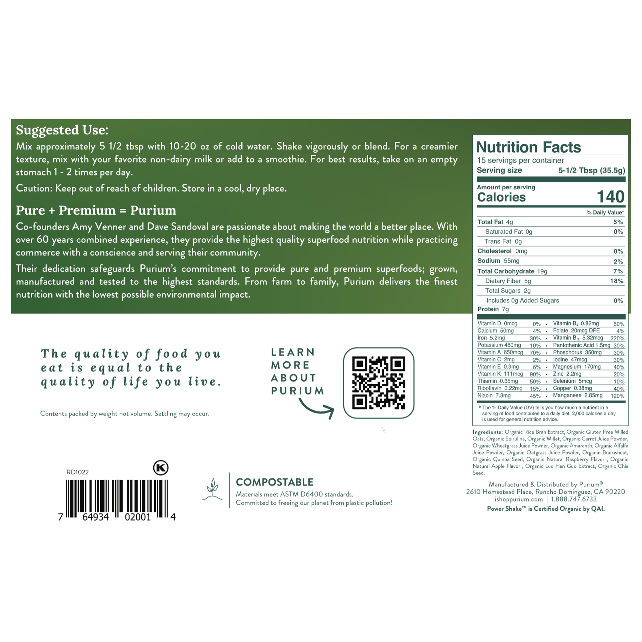 Purium Power Shake Apple Berry (Organic Rice Bran Extract, Organic Oat Flour, Organic Spirulina, Organic Millet, Organic Carrot Juice Powder, and Organic Wheatgrass) Meal Replacement 5 Pack