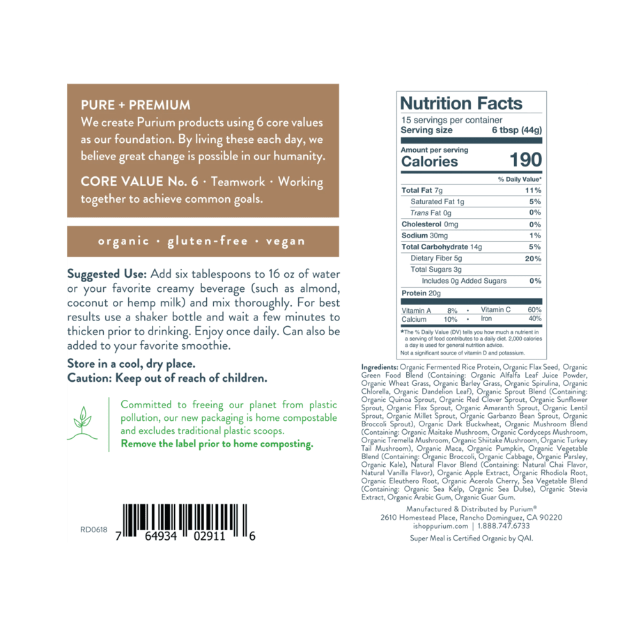 Purium Super Meal Vanilla Chai L.O.V.  (Organic Fermented Rice Protein, Organic Flax Seed, Organic Green Food Blend, Organic Wheat Grass, Organic Barley Grass, Organic Spirulina, Organic Chlorella) Meal Replacement Terra Pouches (693g)