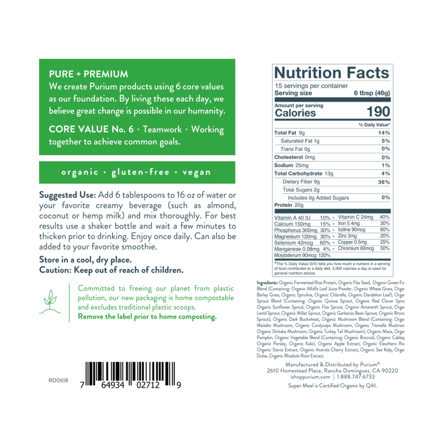 Purium Super Meal Original L.O.V. 2 Protein (Organic Fermented Rice Protein, Organic Flax Seed, Orgranic Green Food Blend, Organic Wheat Grass, Organic Barley Grass, Organic Spirulina, Organic Chlorella) Meal Replacement Terra Pouches (693g)