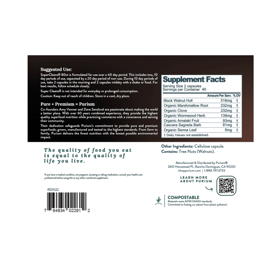 Purium Super CleansR (Black Walnut Hull, Marshmallow Root, Clove, Wormwood, Amalaki, Cascara Sagradada Bark, and Senna Leaf) Digestive Function and Parasite Cleanse (80 Capsules)