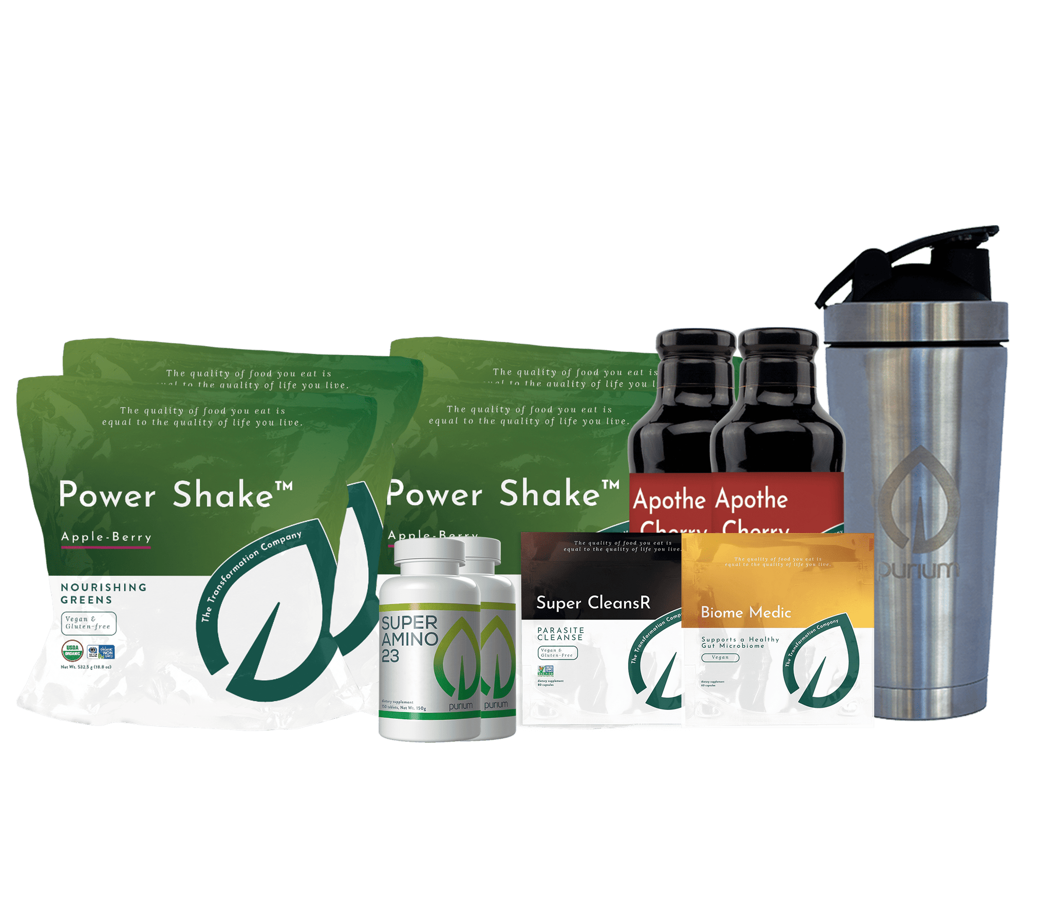 Purium Ultimate Lifestyle Transformation Basic (Biome Medic, Super Amino 23, Super Cleansr, and Stainless Steel Waterbottle) Package (30 Day Program)
